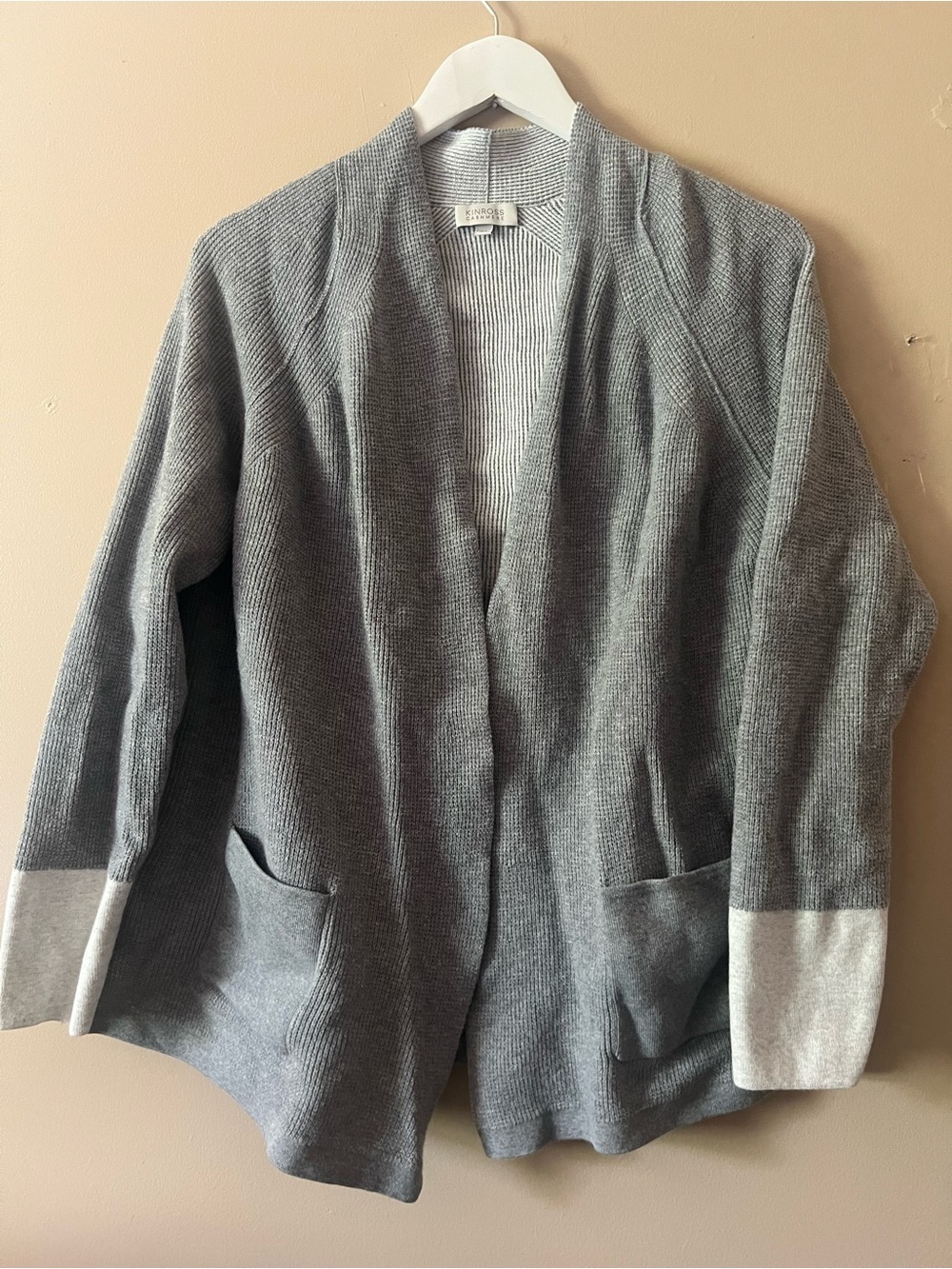 Kinross cashmere Gray Ivory Cardigan Cozy Open-Front cotton waffle comfy luxe xl